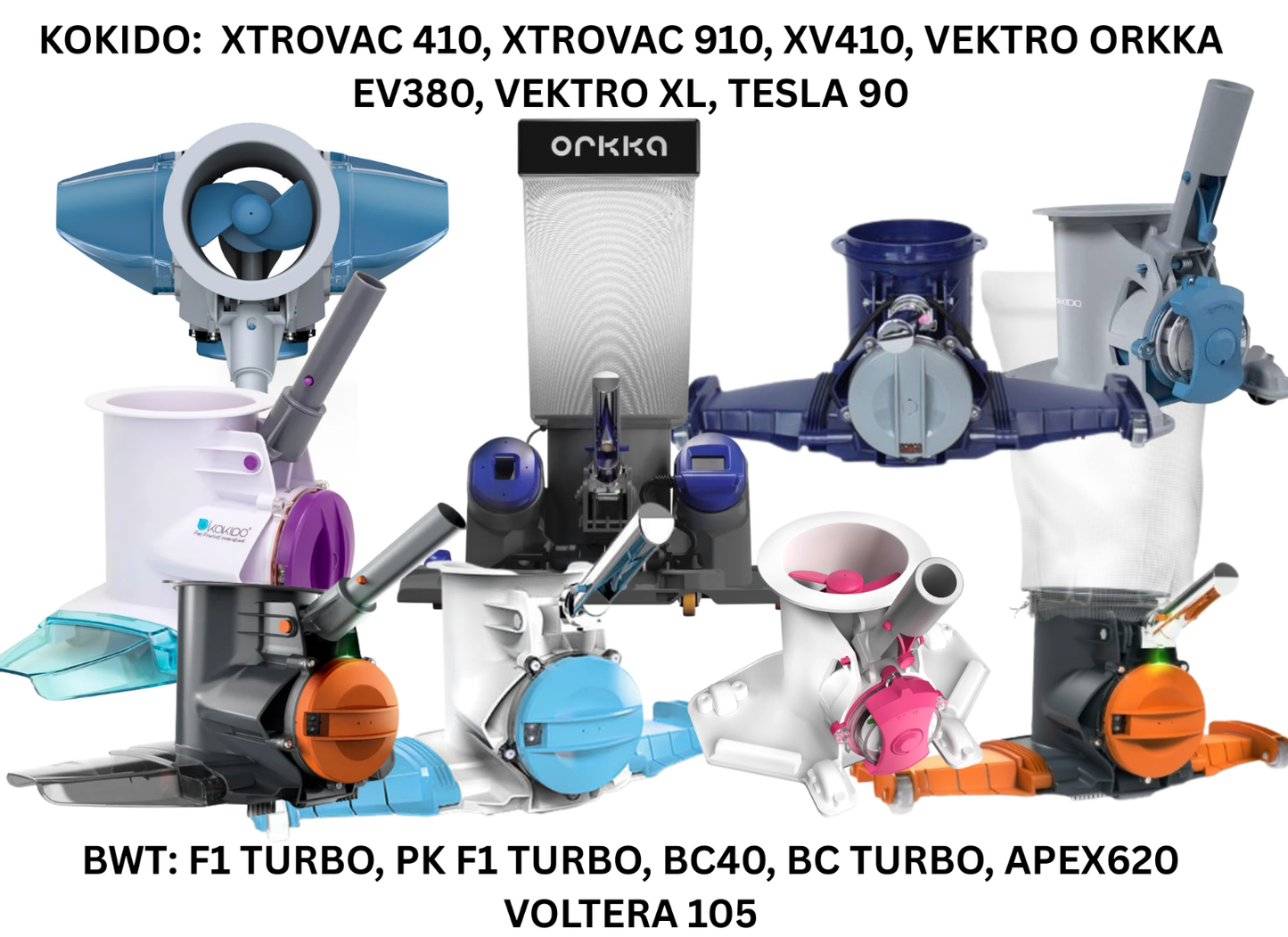 Compatibility chart showing Clear Pool Micro Bag fits Kokido models including Xtrovac 410, 910, XV410, Vektro Orkka, EV380, Vektro XL, Tesla 90 and BWT models F1 Turbo, PK F1 Turbo, BC40, BC Turbo, Apex620, Voltera 105