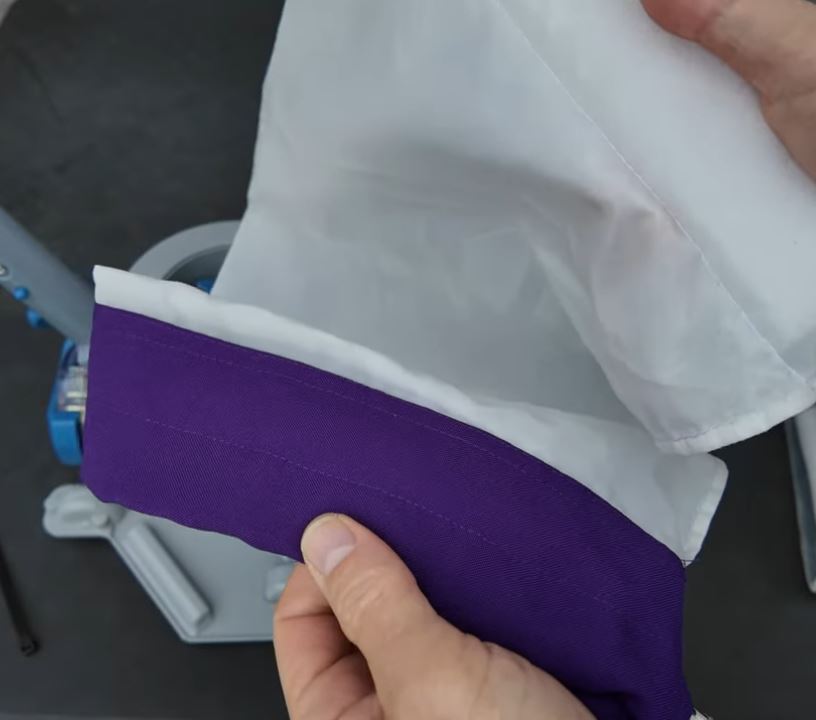 Clear Pool 45 Micron Amethyst Micro Bag laid flat showing purple collar and white ultra-fine mesh fabric