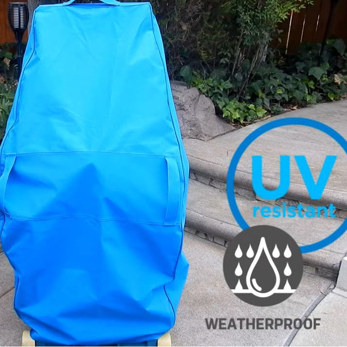 Riptide pool vacuum system cover standing upright outdoors with UV resistant and weatherproof feature callouts